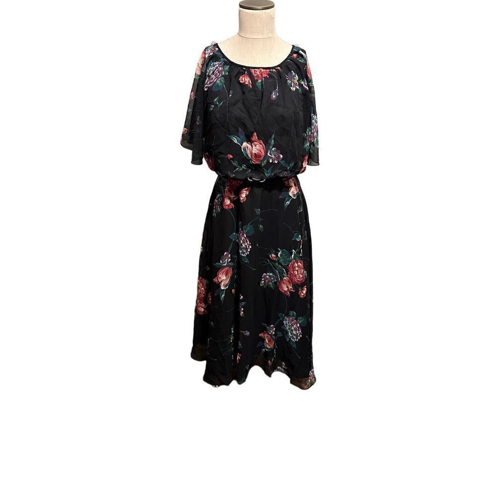 Vintage Blouson Style Black Semi Sheer Layered Floral Dress Rhinestone Size M